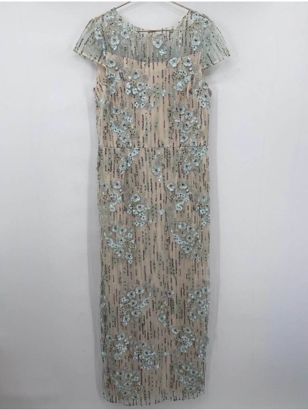 ALEX EVENINGS Champagne Maxi Gown Light Blue/Green Aqua 3D Floral Beaded 16 NWOT